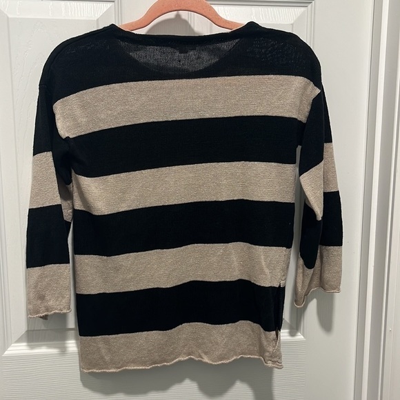 Eileen Fisher Petite Tan Black Stripe Linen Sweater - Picture 7 of 8